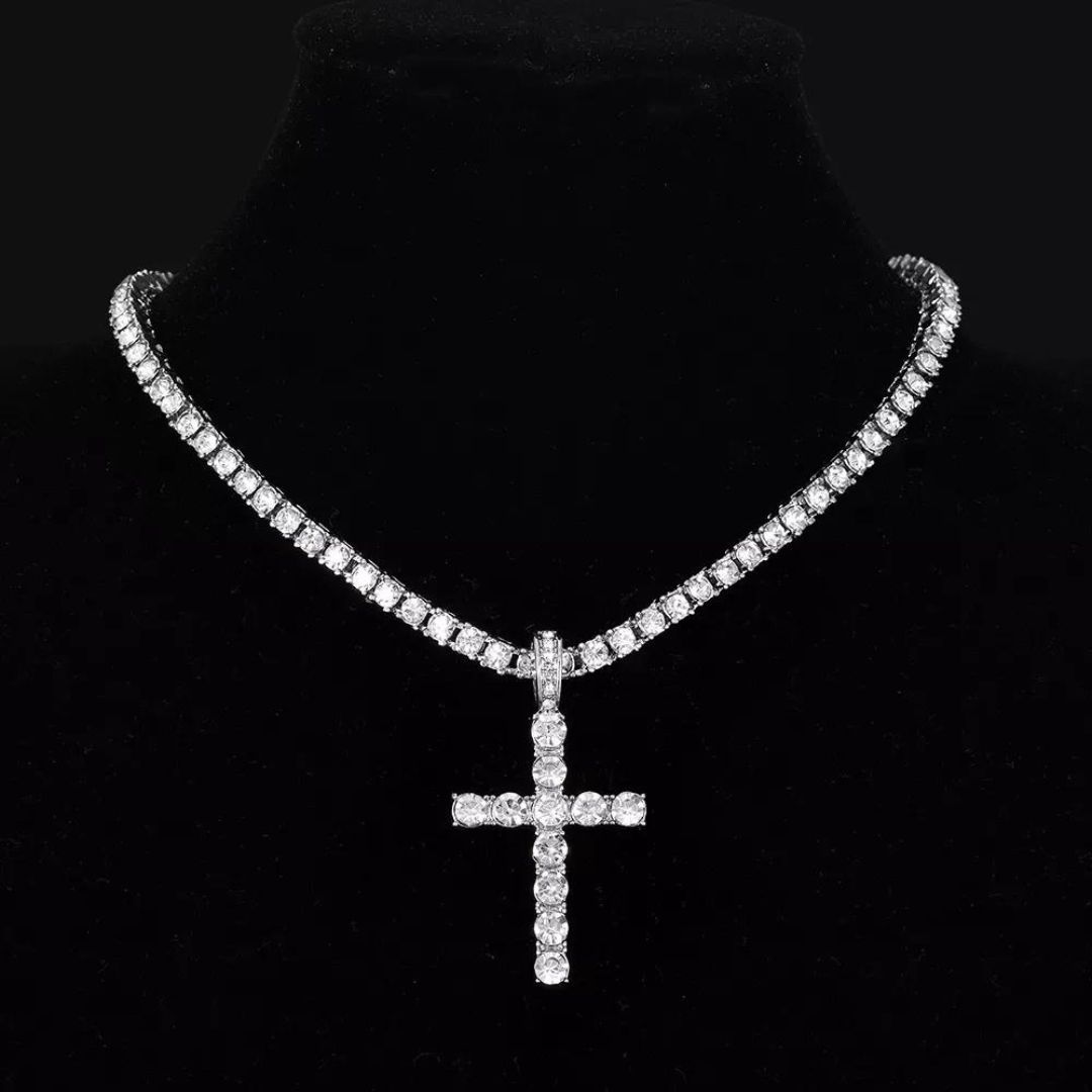 Iced Cross Pendant Chain 5MM - Silver